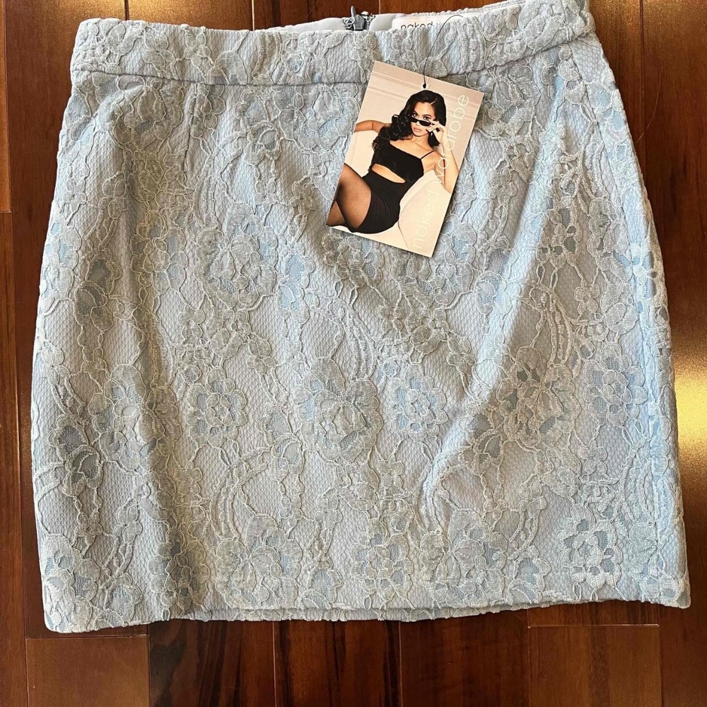 New NWT Naked Wardrobe Light Blue Skirt Lace Mini Dressy Velvet Print Size Small